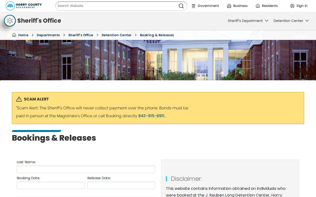 Socastee residents directory view of the Horry County Bookings and Releases page