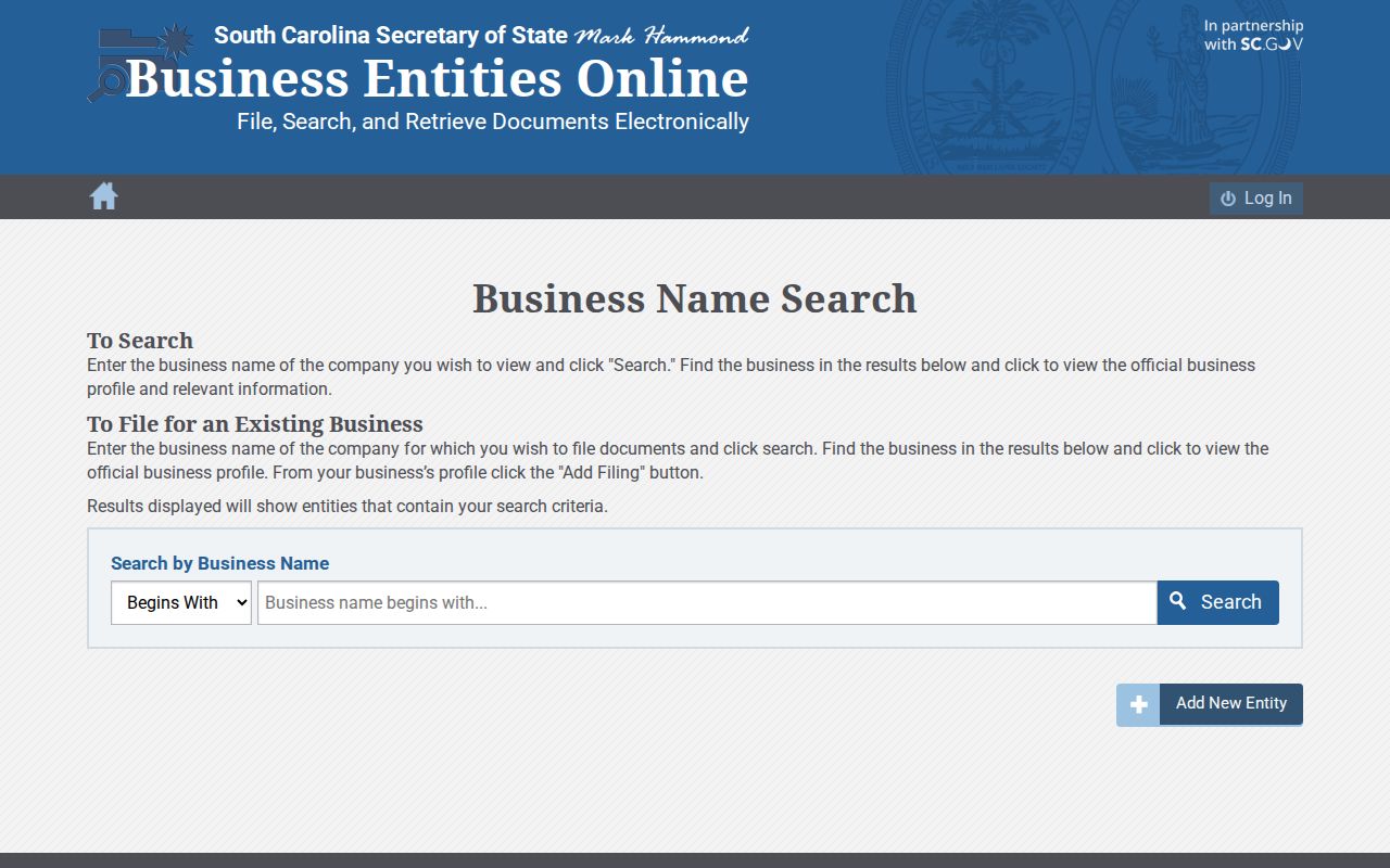 Socastee resident record search using the South Carolina business entity form